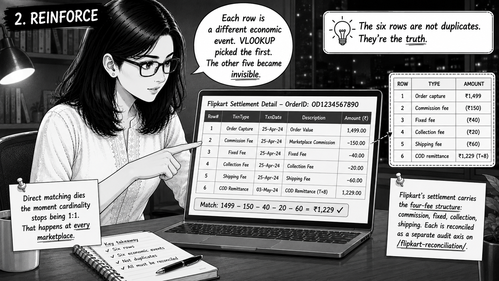 Riya pointing at the laptop screen. The screen now breaks the OrderID OD123456789 into its six settlement rows reflecting Flipkart's four-fee structure: Order Capture ₹1,499, Commission Fee -₹150, Fixed Fee -₹40, Collection Fee -₹20, Shipping Fee -₹60, COD Remittance ₹1,229 at T+8. A math strip below the table verifies: 1499 - 150 - 40 - 20 - 60 = ₹1,229. A side caption explains Flipkart's four-fee audit axes and links to /flipkart-reconciliation/.