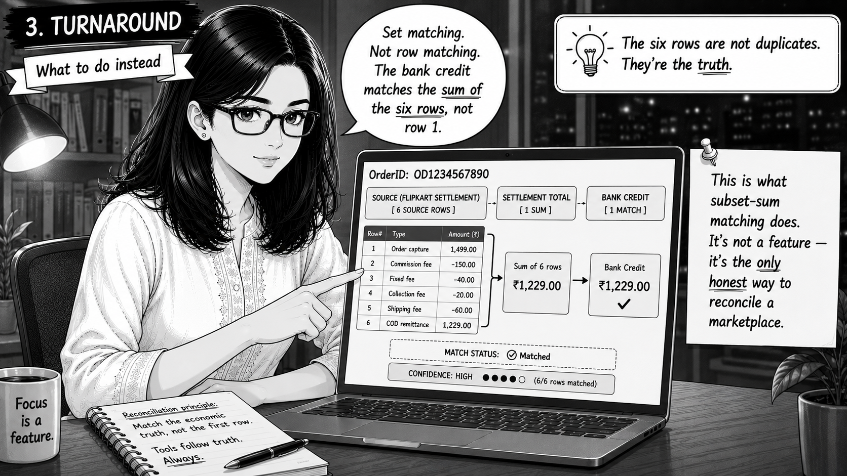 Riya with a slight smile of resolution. The laptop screen shows a clean set-matching diagram: SOURCE (Flipkart settlement, 6 source rows) flows into SETTLEMENT TOTAL (1 sum) which then matches BANK CREDIT (1 match). The six settlement rows group together and reconcile to a single ₹1,229 bank credit, with a MATCHED checkmark and HIGH confidence score. A side caption reads: This is what subset-sum matching does. It's not a feature — it's the only honest way to reconcile a marketplace.