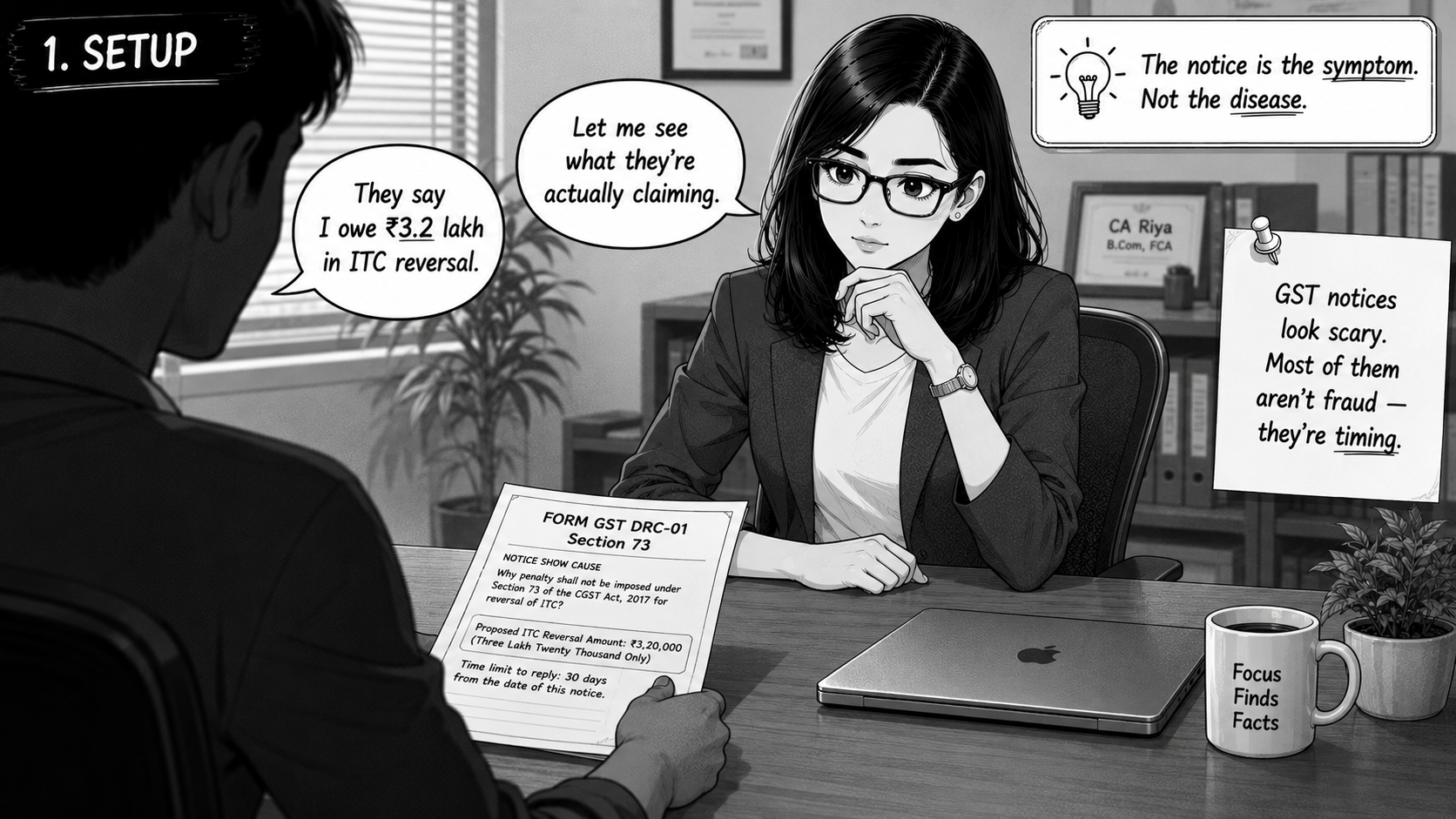 Across-the-desk shot. A silhouetted client's arm slides a paper across the desk to Riya. The paper shows 'FORM GST DRC-01 / Section 73' at the top. Riya, in a charcoal blazer, raises an eyebrow.