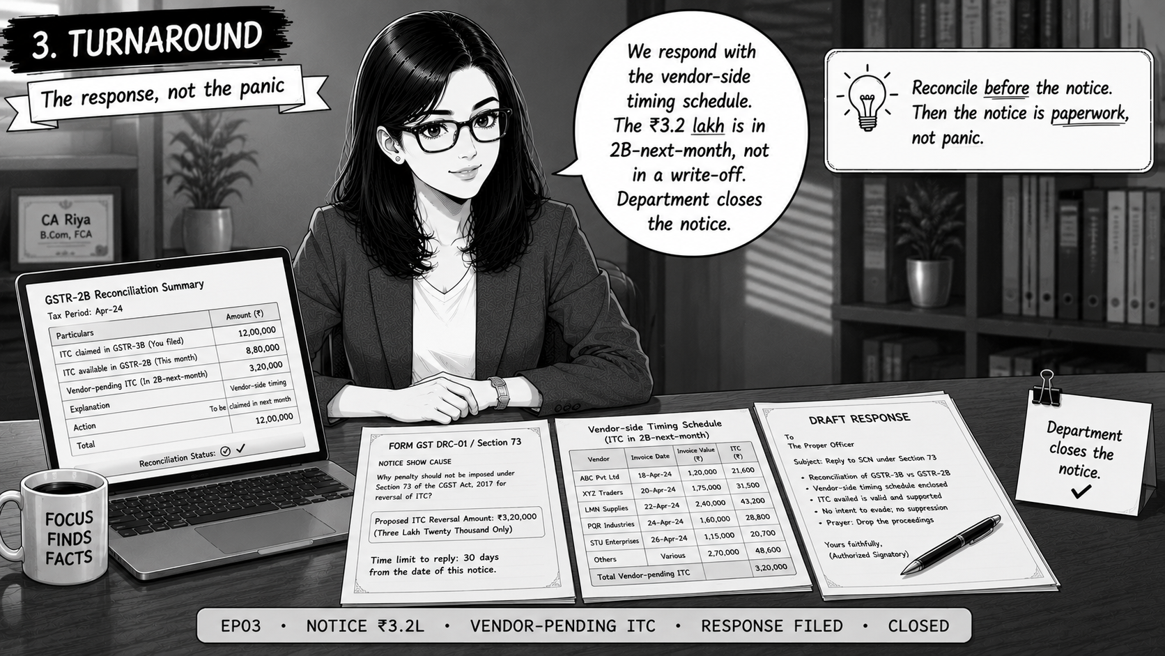 Riya with a restrained smile. On the desk: the notice, a printed GSTR-2B reconciliation sheet, and a draft response letter ready to send.