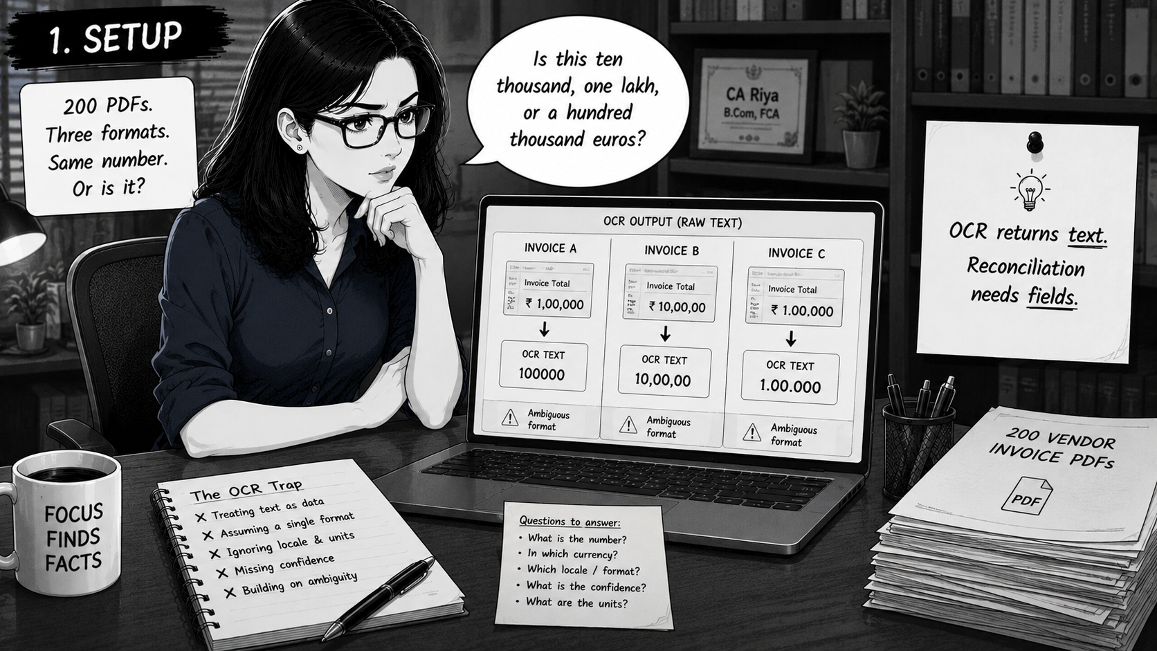 Riya at her desk, eyebrow raised. Laptop screen shows three OCR outputs side-by-side, each from a different invoice PDF: '100000', '10,00,00', '1.00.000'.