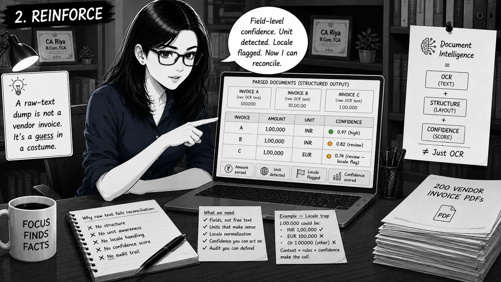 Riya pointing at the laptop. The three invoices are now parsed into a structured table with amount, unit, and confidence score columns. Invoice A: ₹1,00,000 INR confidence 0.97 high. Invoice B: ₹1,00,000 INR confidence 0.82 review. Invoice C: €1,00,000 EUR confidence 0.74 with a locale flag.