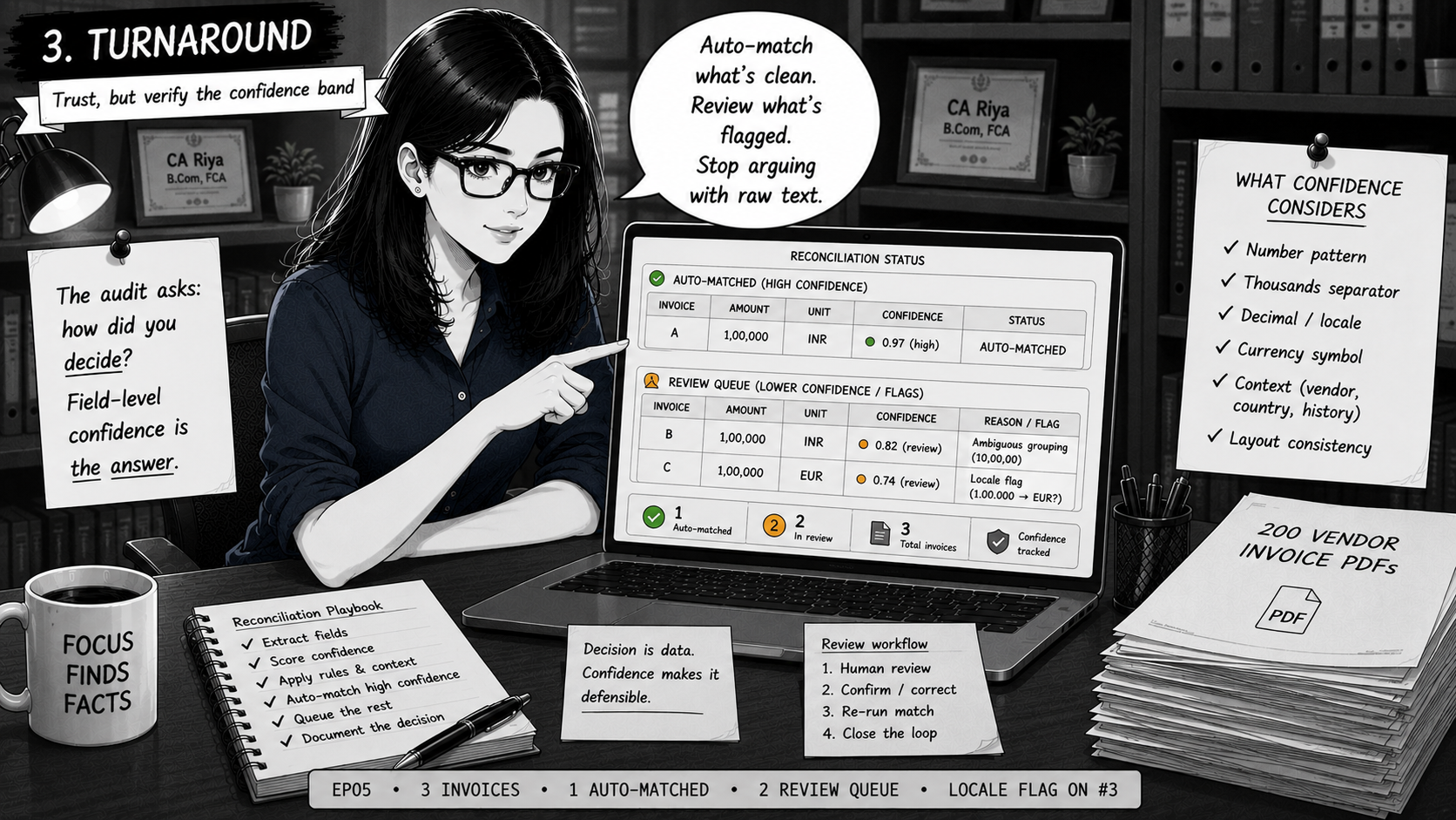 Riya with a slight smile. Screen shows two columns: high-confidence invoices auto-matched on the left, two flagged invoices queued for human review on the right with the confidence band and reason visible.