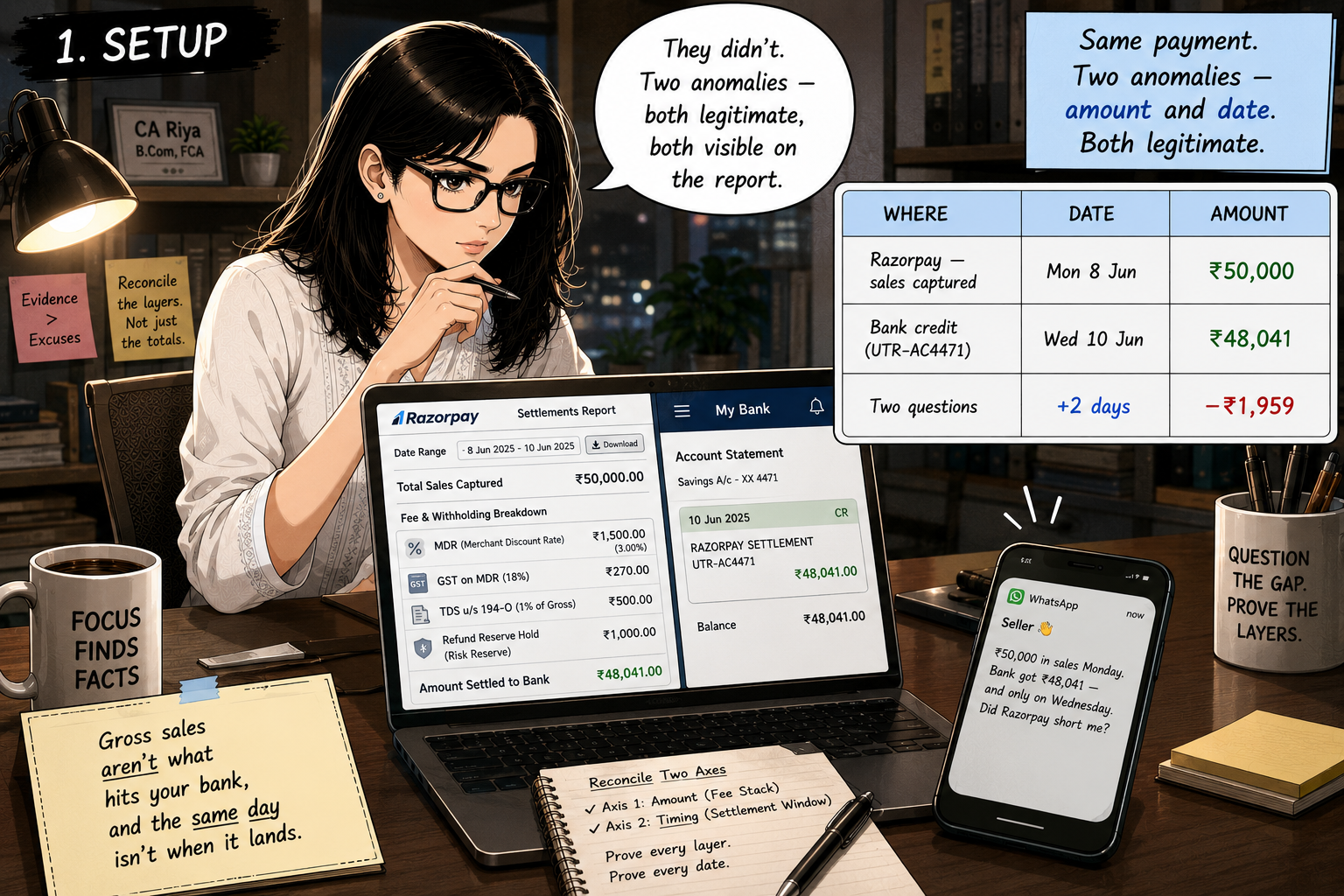 Riya at her co-working desk in the evening under warm desk-lamp lighting, narrowed-eye focused on a laptop with a split screen — Razorpay settlement report on the left half, mobile banking app on the right half. A phone on the desk is lit with a WhatsApp notification preview. A three-column data table reads: Razorpay sales captured on Monday 8 June ₹50,000, Bank credit on UTR-AC4471 on Wednesday 10 June ₹48,041, two questions — plus two days, minus ₹1,959. A side note reads: gross sales aren't what hits your bank, and the same day isn't when it lands.