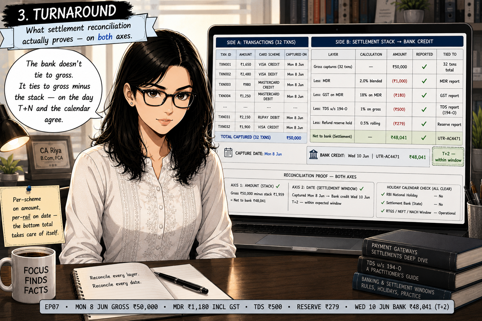 Riya with a slight smile. The laptop behind her shows a clean roll-up reconciliation — 32 individual captured transactions on the left dated 8 June, the settlement-stack on the right with every fee layer ticked against UTR-AC4471, and a small badge above the bank line reading T+2 within window. A bottom data strip reads: EP07, Monday 8 June gross ₹50,000, MDR ₹1,180 incl GST, TDS ₹500, refund reserve ₹279, Wednesday 10 June bank ₹48,041 at T+2.