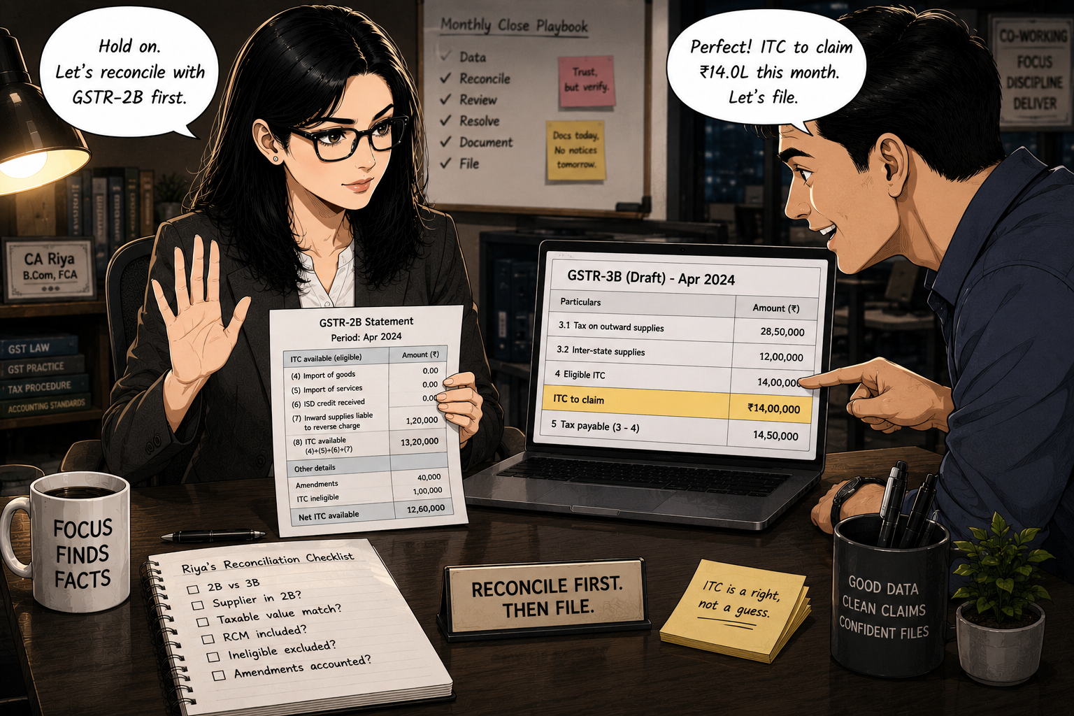 Riya in a charcoal blazer at her co-working desk, one hand raised in a 'wait' gesture, the other holding a printed GSTR-2B statement. A founder leans in from across the desk, pointing proudly at a laptop showing a draft GSTR-3B with 'ITC to claim: ₹14.0L' highlighted.