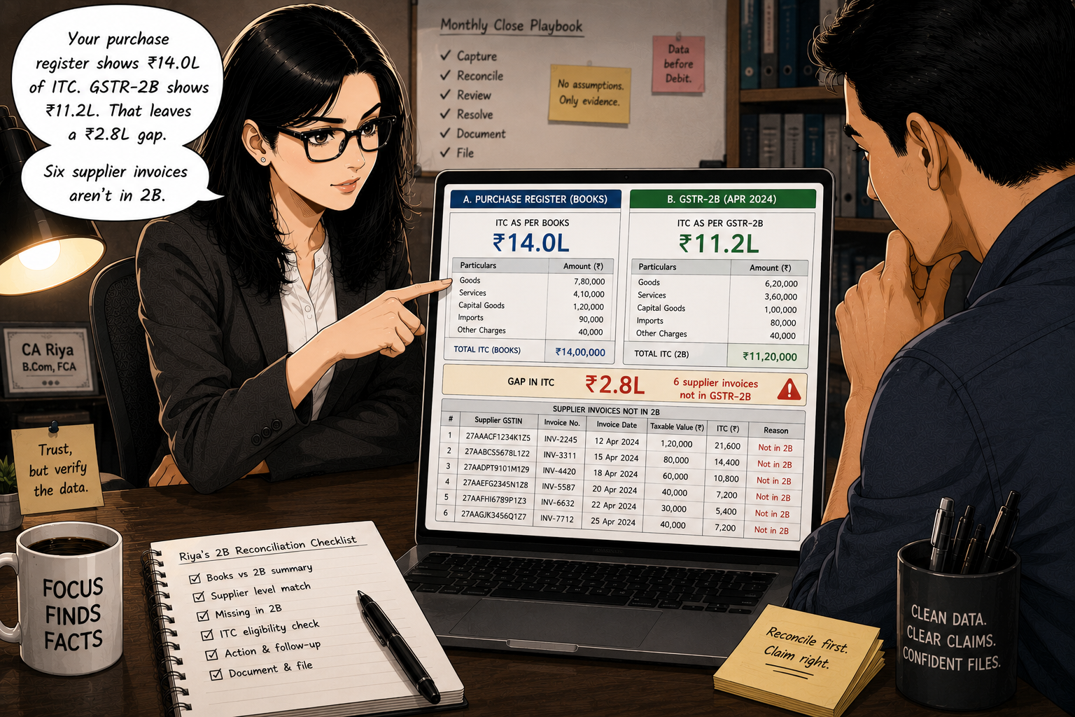 Riya pointing at a split-screen on her laptop: the purchase register totals ₹14.0L of ITC on the left; the GSTR-2B totals ₹11.2L on the right; a highlighted ₹2.8L gap below, with six supplier rows flagged 'not in 2B'.