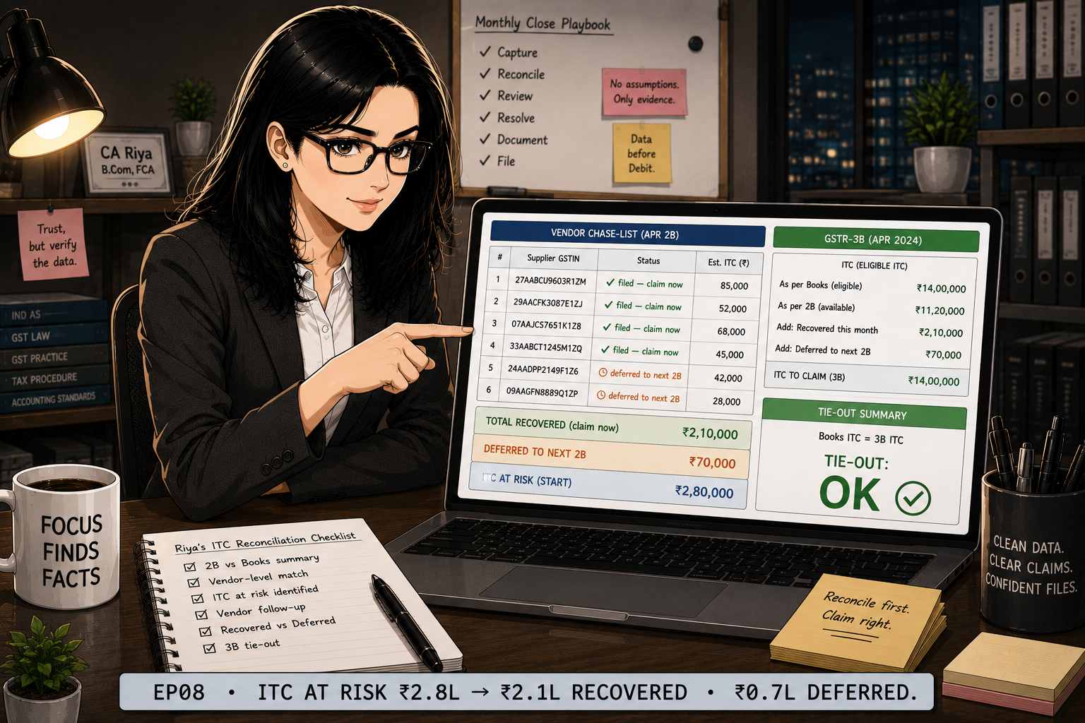 Riya with a small, satisfied smile. Her laptop shows a vendor chase-list: four rows ticked 'filed — claim now (₹2.1L)' and two rows tagged 'deferred to next 2B (₹0.7L)'. Beside it a GSTR-3B panel reads 'tie-out: OK'. A data strip at the bottom reads EP08 · ITC AT RISK ₹2.8L → ₹2.1L RECOVERED · ₹0.7L DEFERRED.
