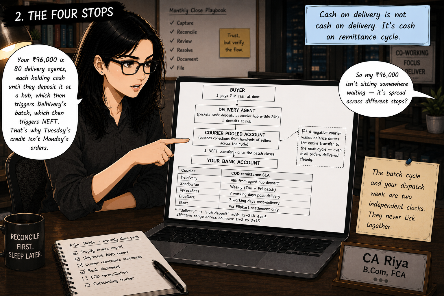 Riya at her laptop pointing at a flow diagram: Buyer → Delivery Agent (deposits at courier hub within 24h) → Courier Pooled Account (batches across sellers) → Seller Bank via NEFT. A reference table below shows remittance SLAs — Delhivery 48h from hub deposit, Shadowfax weekly Tuesday/Friday, XpressBees and BlueDart 7 working days post-delivery. A flag annotation notes that a negative courier wallet balance defers the entire transfer to the next cycle.