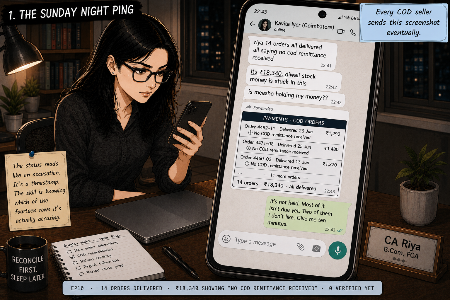 Riya at her home desk in the evening, laptop closed, reading her phone. The screen shows a WhatsApp thread from Kavita, a Meesho saree seller, with a forwarded seller-panel screenshot: fourteen delivered COD orders totalling ₹18,340, each row carrying the same status line — 'No COD remittance received'. Kavita's messages ask whether Meesho is holding her money.