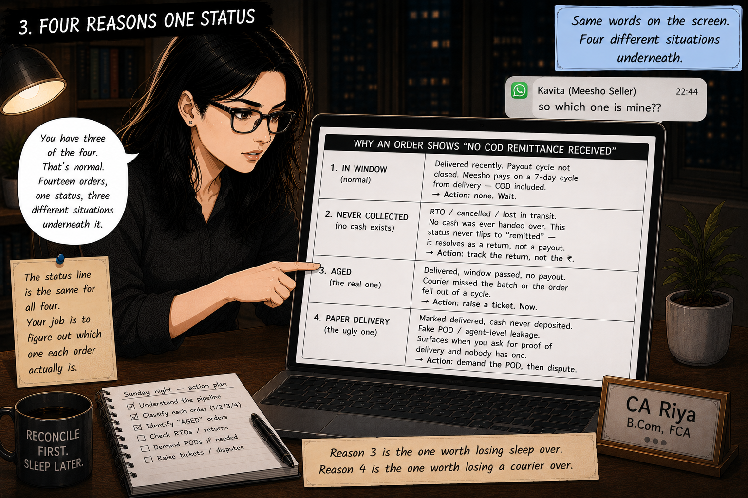 Riya focused at her screen, which shows a four-row diagnostic table titled 'Why an order shows No COD remittance received': 1. In window — delivered recently, payout cycle not closed, wait. 2. Never collected — RTO, cancelled or lost, no cash exists, track the return instead. 3. Aged — delivered, window passed, no payout: raise a ticket. 4. Paper delivery — marked delivered but cash never deposited: demand the proof of delivery, then dispute.