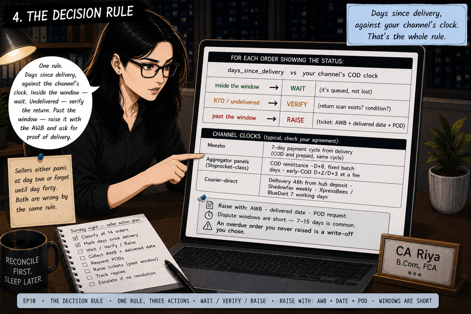 Riya pointing at a decision flow: for each order, compare days since delivery against the channel's COD clock — inside the window, wait; undelivered or RTO, verify the return; past the window, raise a ticket with the AWB, delivered date and a proof-of-delivery request. A reference table lists channel clocks: Meesho pays on a 7-day cycle from delivery including COD; aggregator panels remit COD around D+8 on fixed batch days with early-COD options at a fee; courier-direct ranges from 48 hours after hub deposit to 7 working days.