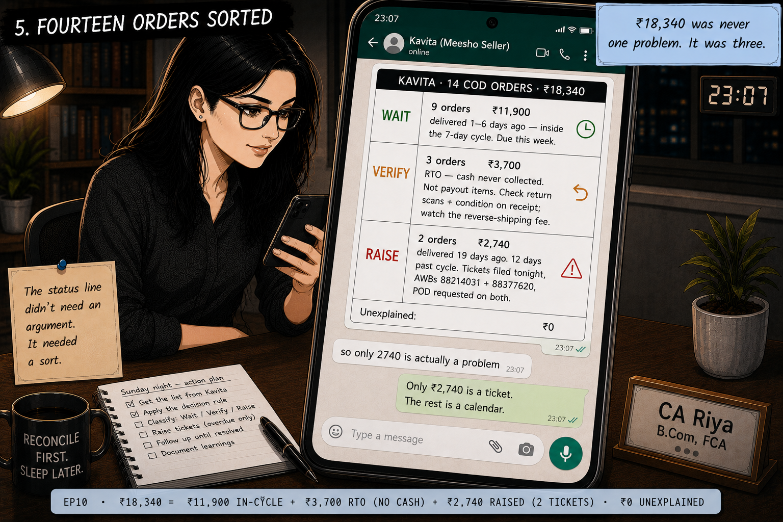 Riya's phone mid-send at 23:07, replying to Kavita with the sorted list: WAIT — nine orders, ₹11,900, delivered one to six days ago, inside the 7-day cycle. VERIFY — three orders, ₹3,700, RTO, cash never collected, check return scans and reverse-shipping fee. RAISE — two orders, ₹2,740, delivered nineteen days ago, tickets filed with both AWBs and proof of delivery requested. Unexplained: ₹0.