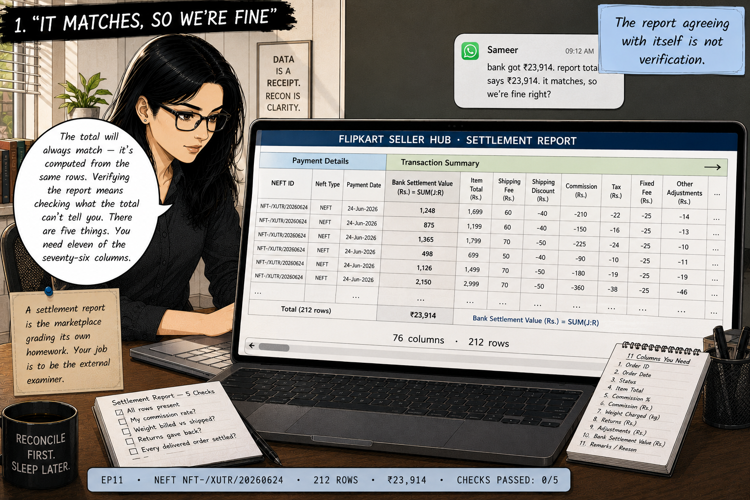 Riya at her desk in the morning, laptop open on a freshly downloaded Flipkart Seller Hub settlement workbook — a group banner row reading 'Payment Details | Transaction Summary', then a dense header row with NEFT ID, Neft Type, Payment Date and Bank Settlement Value stretching off-frame; the horizontal scrollbar has barely started. A phone notification from Sameer, a phone-accessories seller, reads: bank got ₹23,914, report total says ₹23,914, it matches so we're fine right?