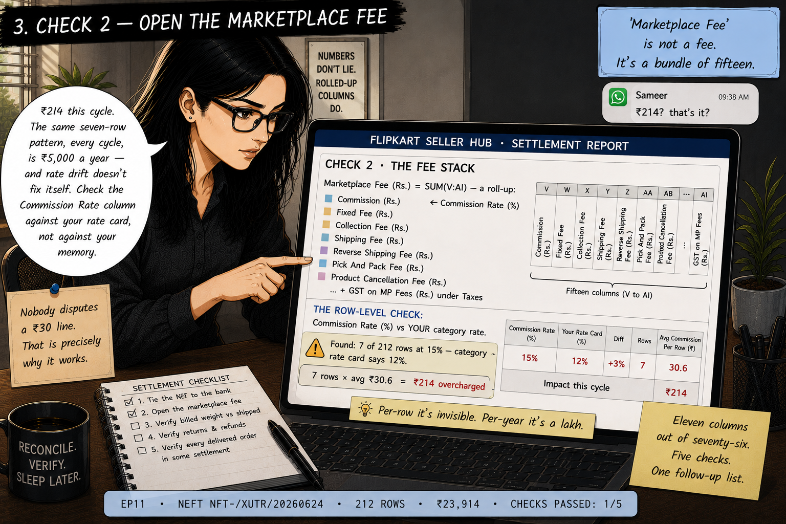 Riya with narrowed focus at a screen decomposing the Marketplace Fee roll-up column into its components: Commission with its Commission Rate percentage, Fixed Fee, Collection Fee, Shipping Fee, Reverse Shipping Fee, Pick And Pack Fee, plus GST on marketplace fees under Taxes. A finding is highlighted: seven of 212 rows charged at 15% commission where the category rate card says 12% — ₹214 overcharged this cycle.