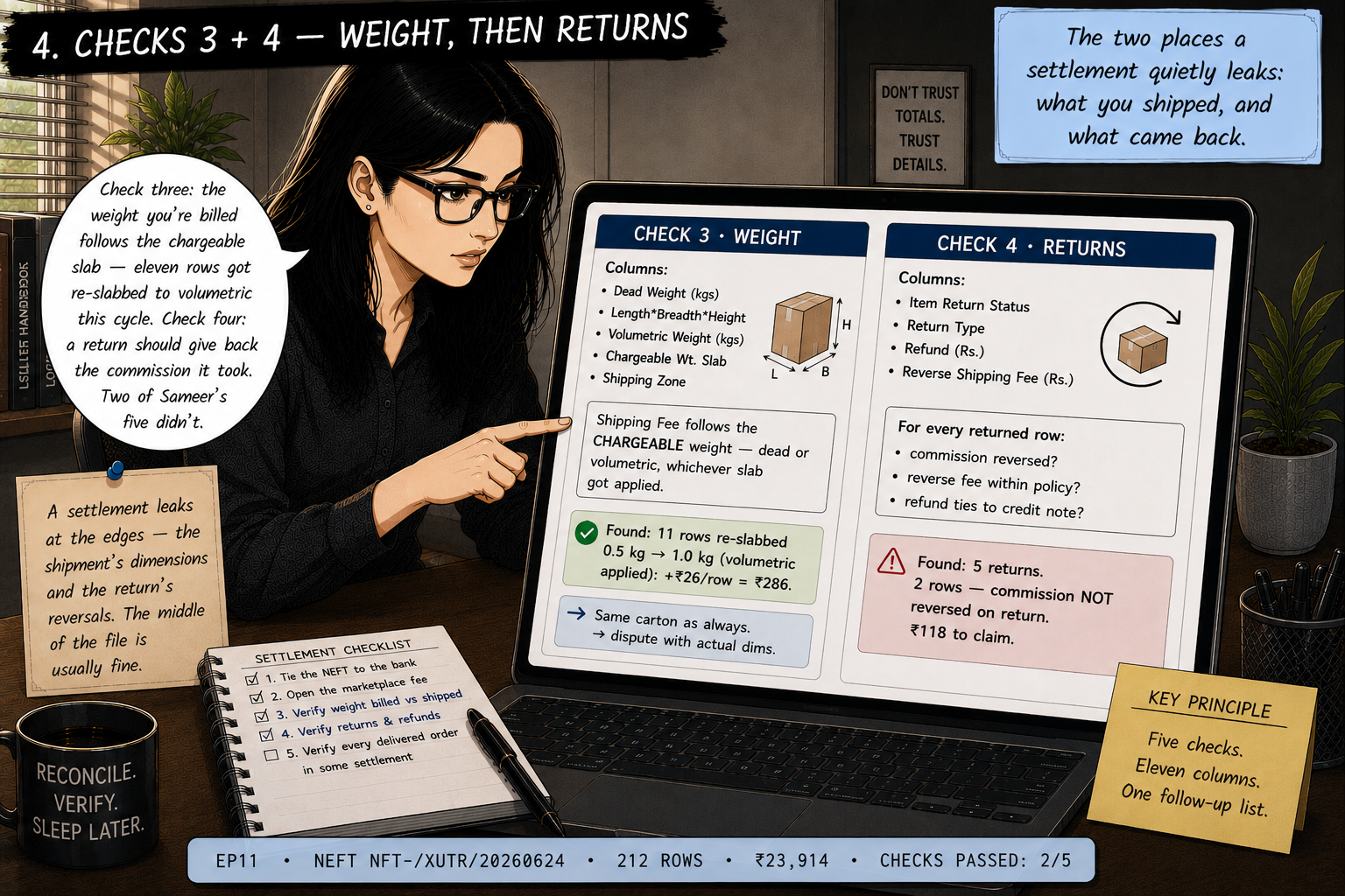 Riya at a split screen. Left, the weight check: Dead Weight, Length-Breadth-Height, Volumetric Weight, Chargeable Weight Slab and Shipping Zone columns, with a finding that eleven rows were re-slabbed from 0.5 kg to 1.0 kg volumetric, adding ₹26 per row — ₹286 on unchanged packaging, disputable with actual dimensions. Right, the returns check: Item Return Status, Return Type, Refund and Reverse Shipping Fee columns, with a finding that two of five returned rows never had their commission reversed — ₹118 to claim.